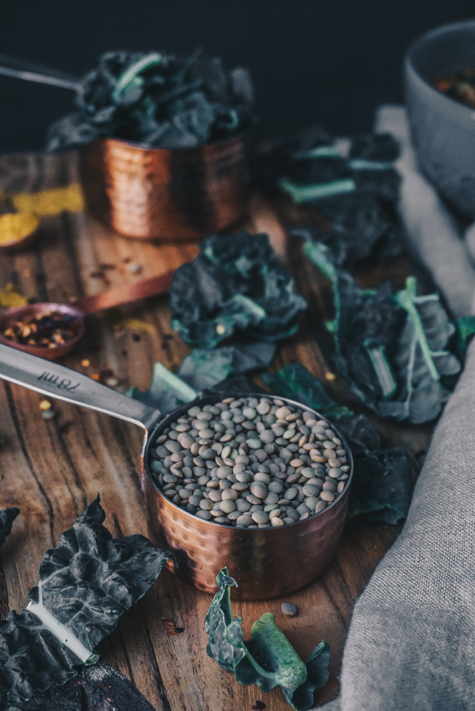 lentils kale food photography