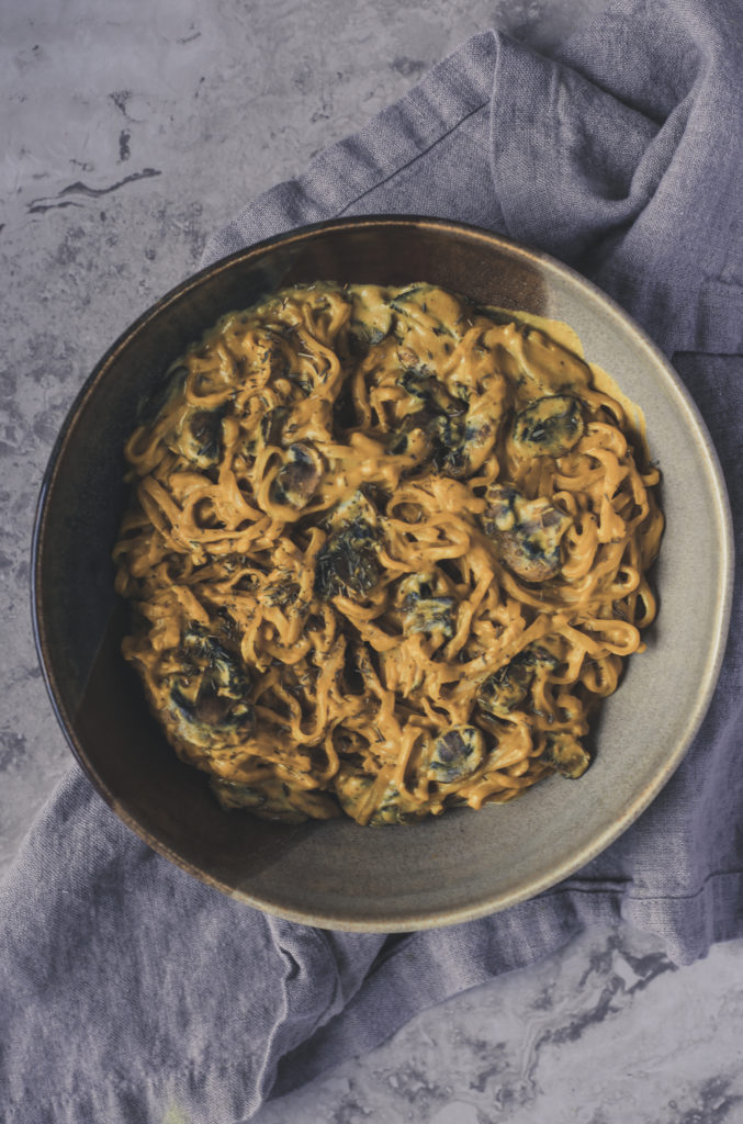 Turmeric Brown Rice Noodles with Mushroom Cashew Butter (Vegan + Gluten Free)