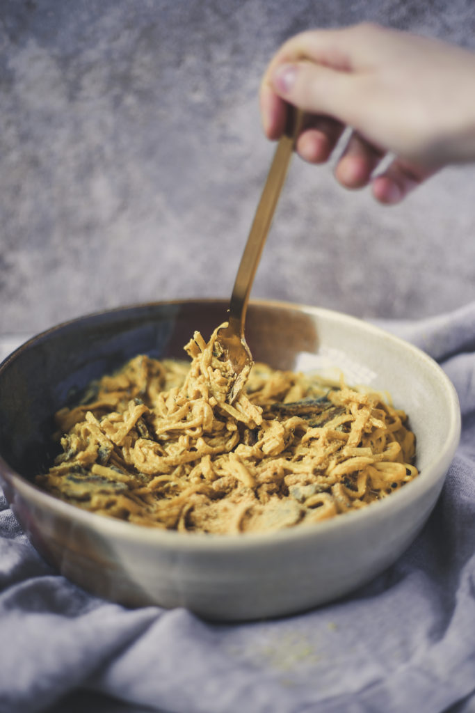 Turmeric Brown Rice Noodles with Mushrooms and Cashew Butter (Vegan + Gluten Free)