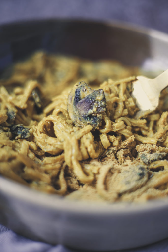 Turmeric Brown Rice Noodles with Mushrooms and Cashew Butter (Vegan + Gluten Free)