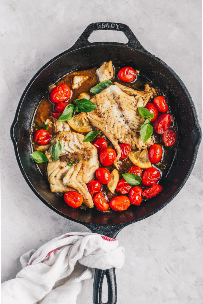 Cast Iron Pan-Seared Cod and Cherry Tomatoes