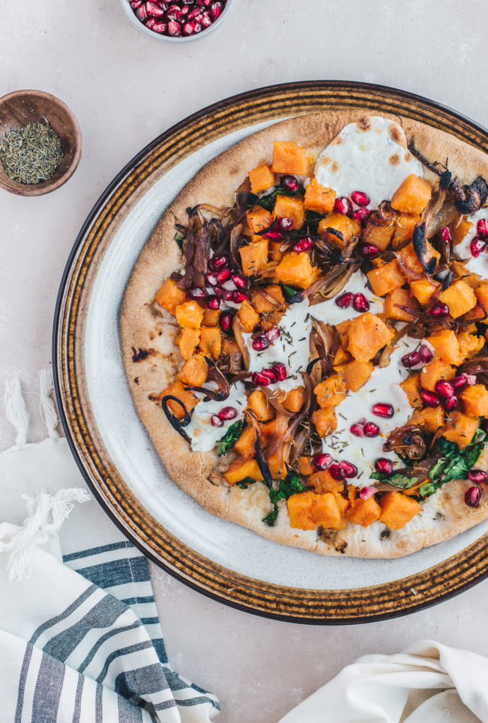 Butternut Squash Pizza with Caramelized Onions and Pomegranate