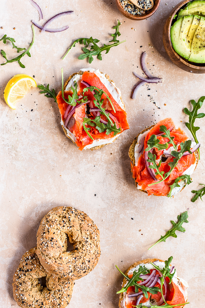 Healthy Homemade everything Bagels wth smoked salmon, avocado and arugula