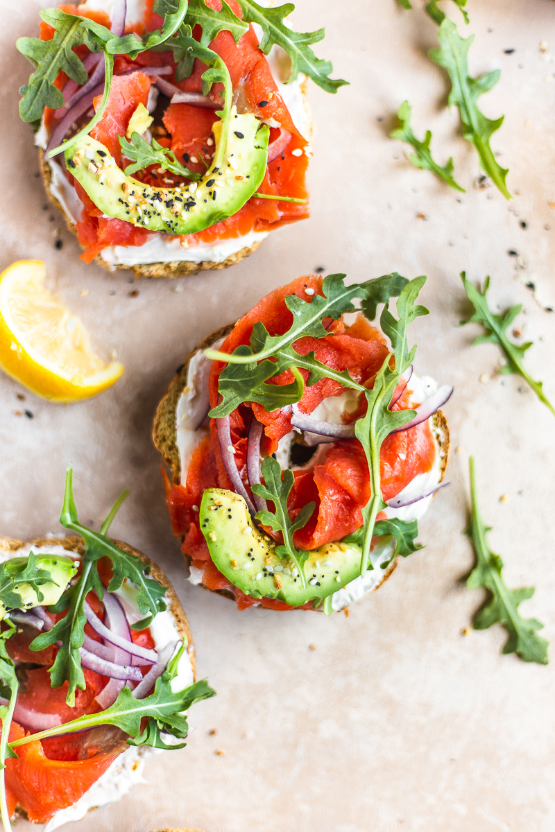Healthy Homemade Bagels with smoked salmon and avocado