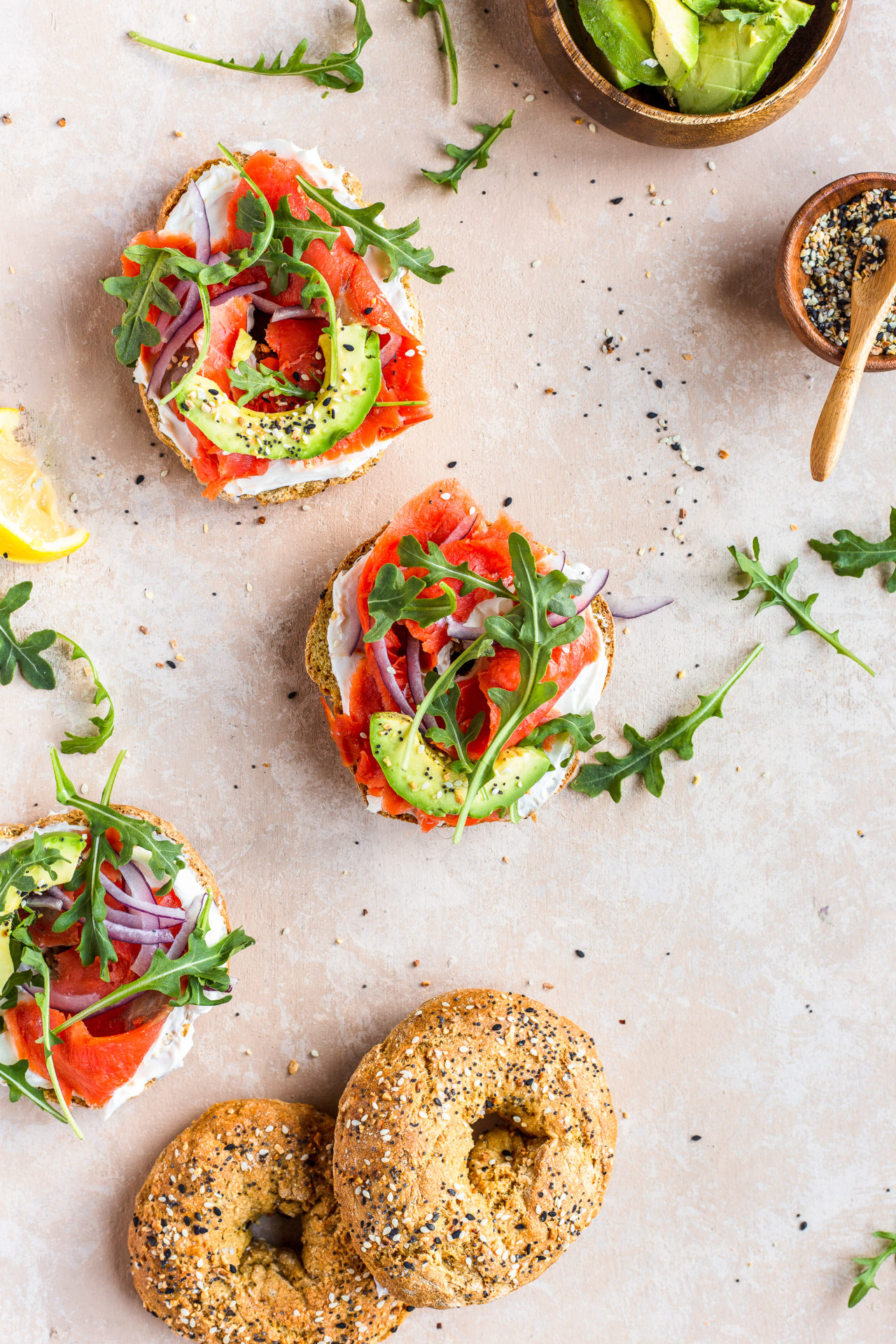 Healthy Homemade Bagels with Almond Cream Cheese, Smoked Salmon, Avocado and Arugula