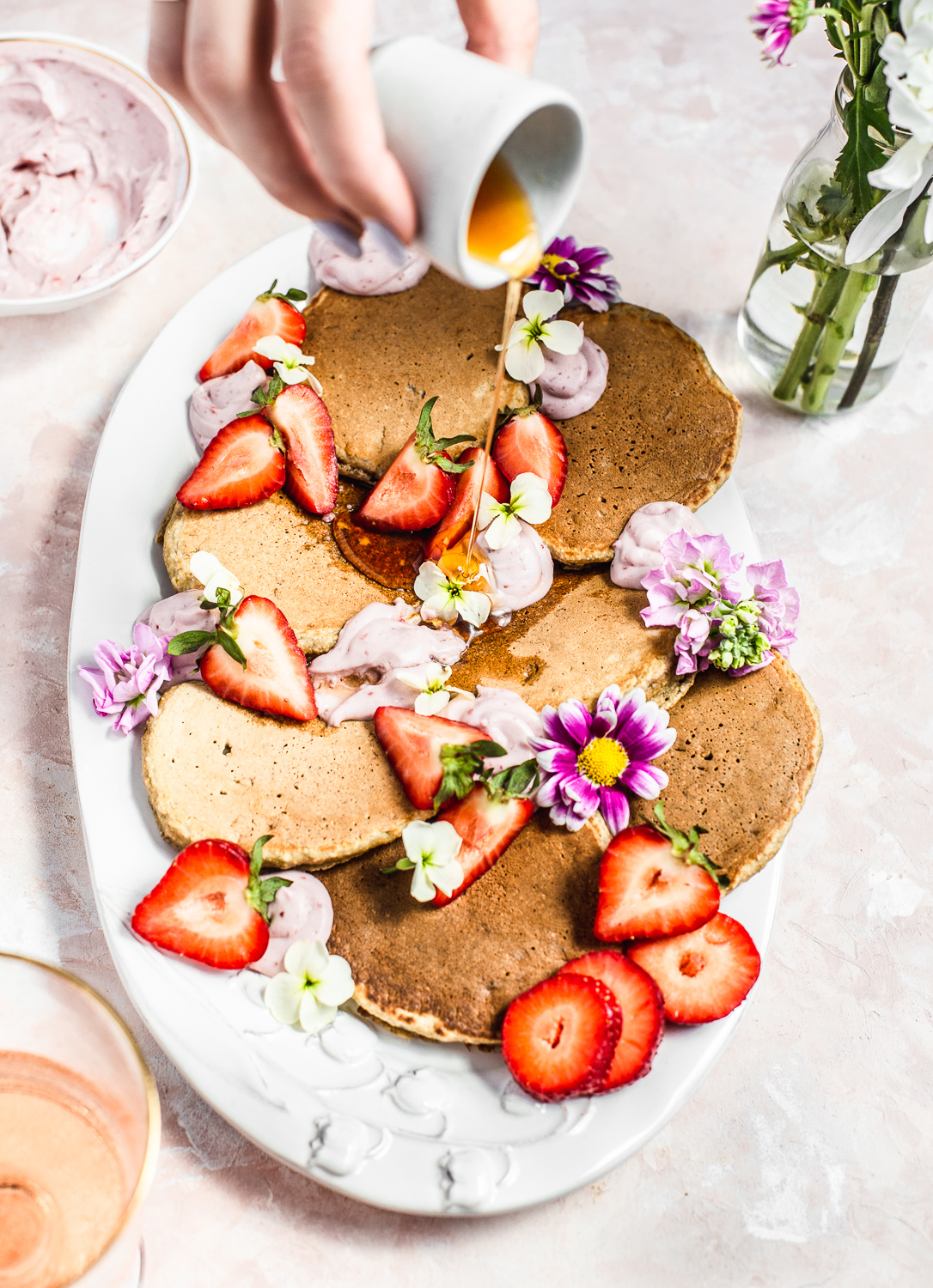 Healthy Strawberries and Cream Pancakes pour shot