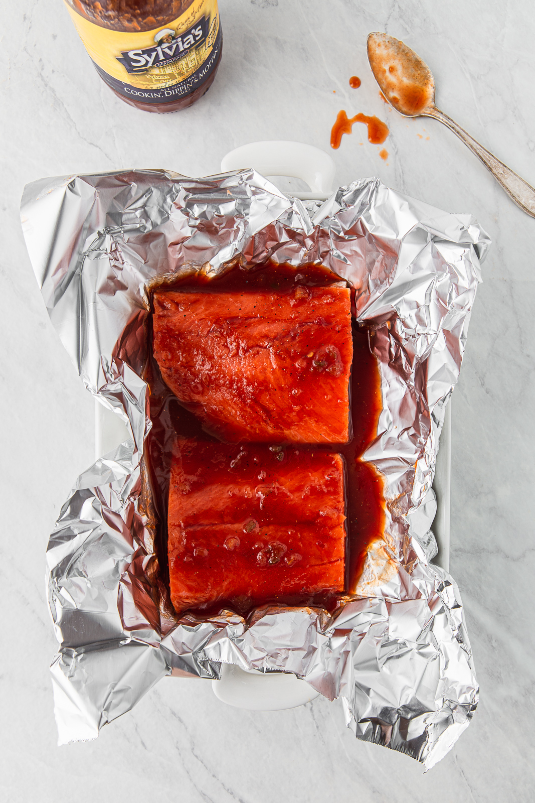 salmon with sauce baked in foil