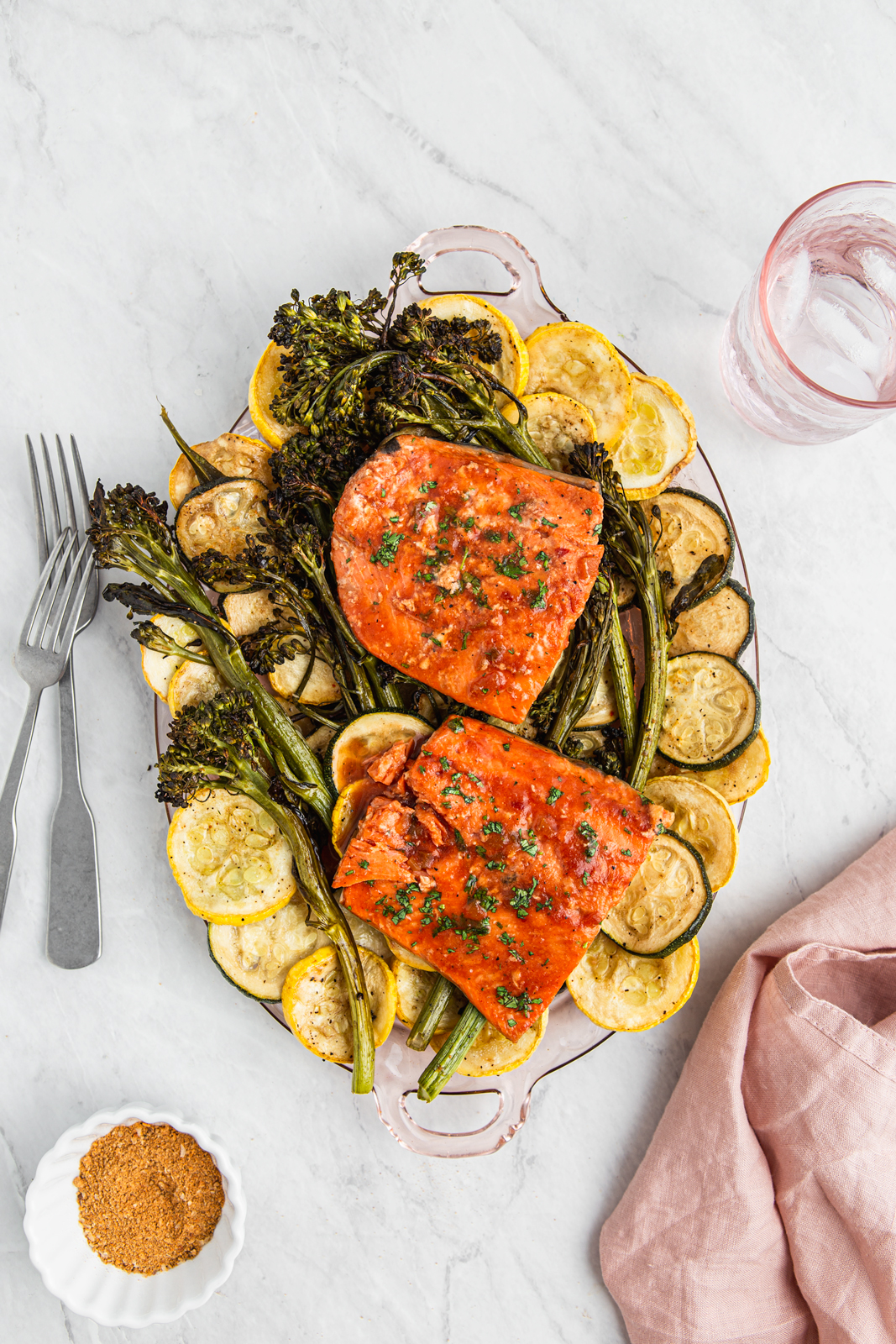 roasted vegetable platter with salmon photography
