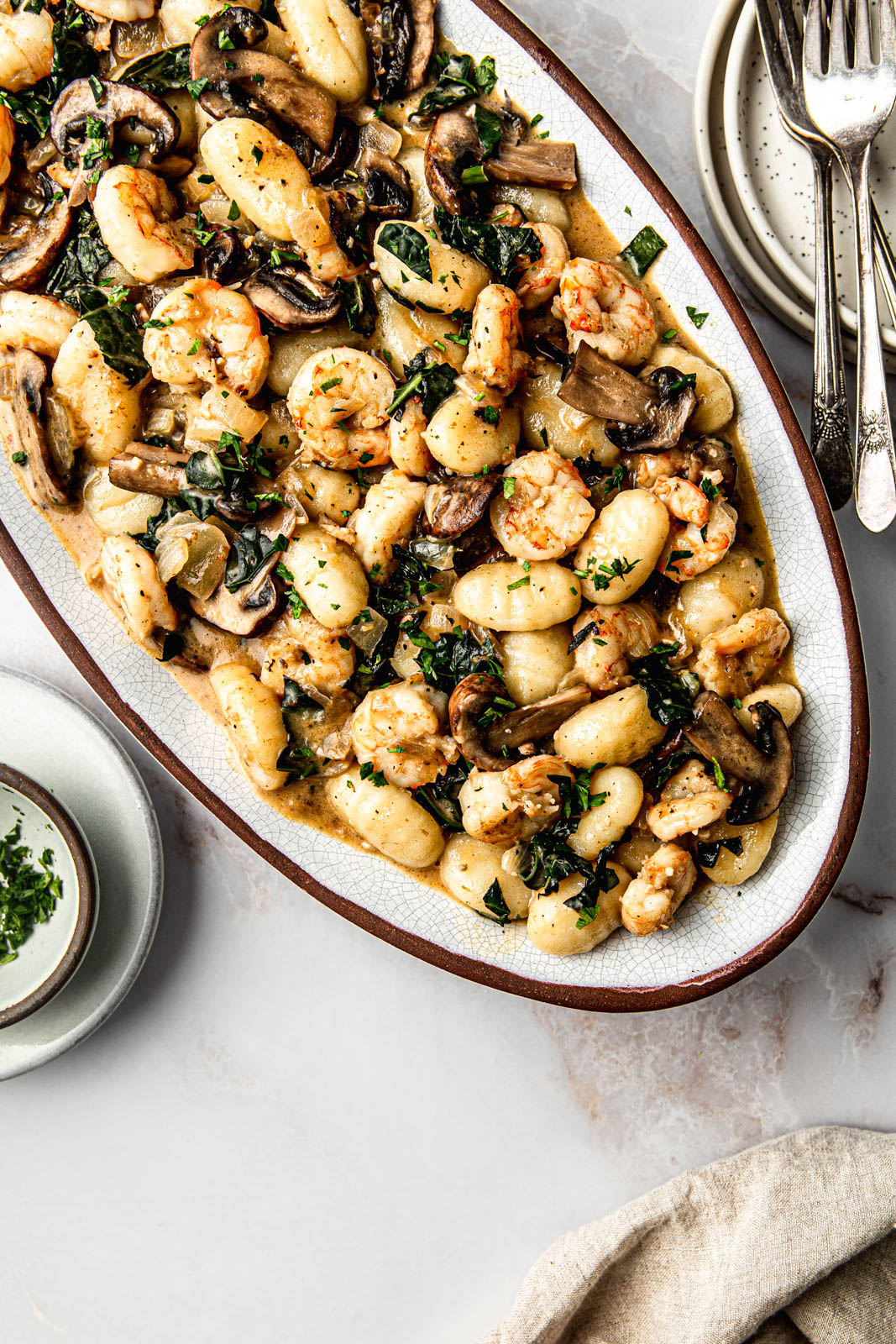 gnocchi with mushrooms and shrimp food photography