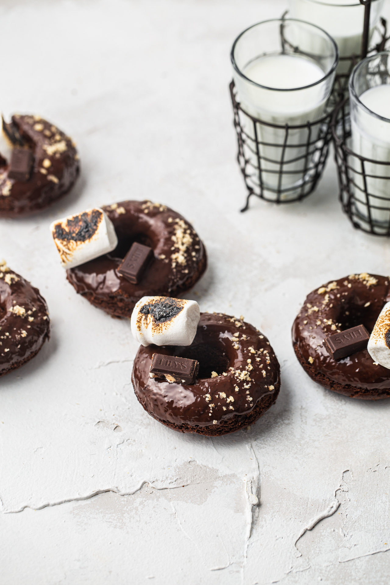 S'mores Gluten Free Chocolate Donuts with marshmallow and milk photography