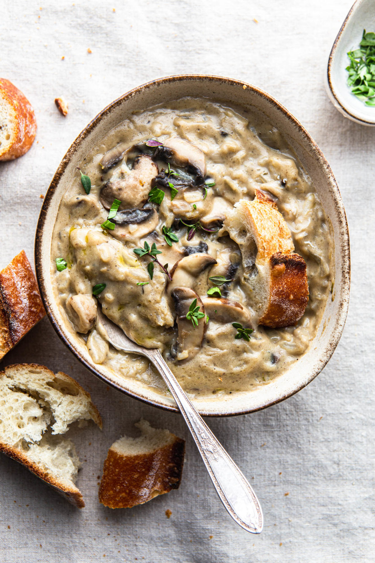 dairy free Cream Of Mushroom Soup with thyme french baguette photography