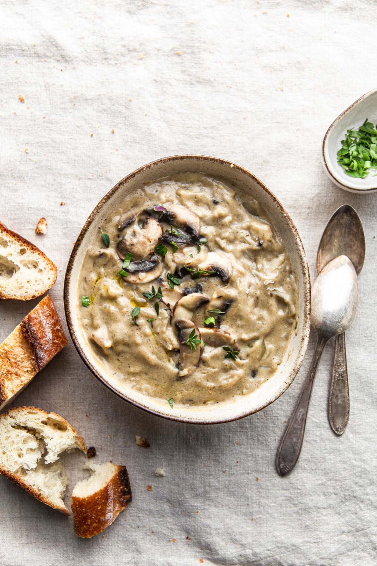 Cream Of Mushroom Soup with sourdough french baguette photography