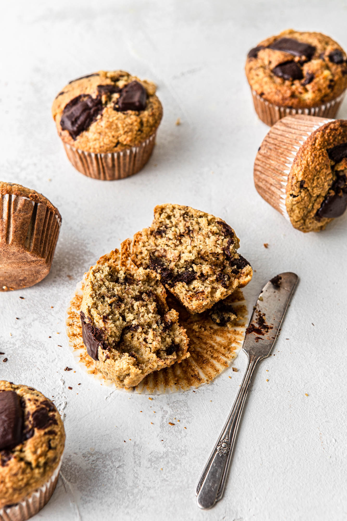 Healthy Banana Oatmeal Muffins with chocolate chunks photography