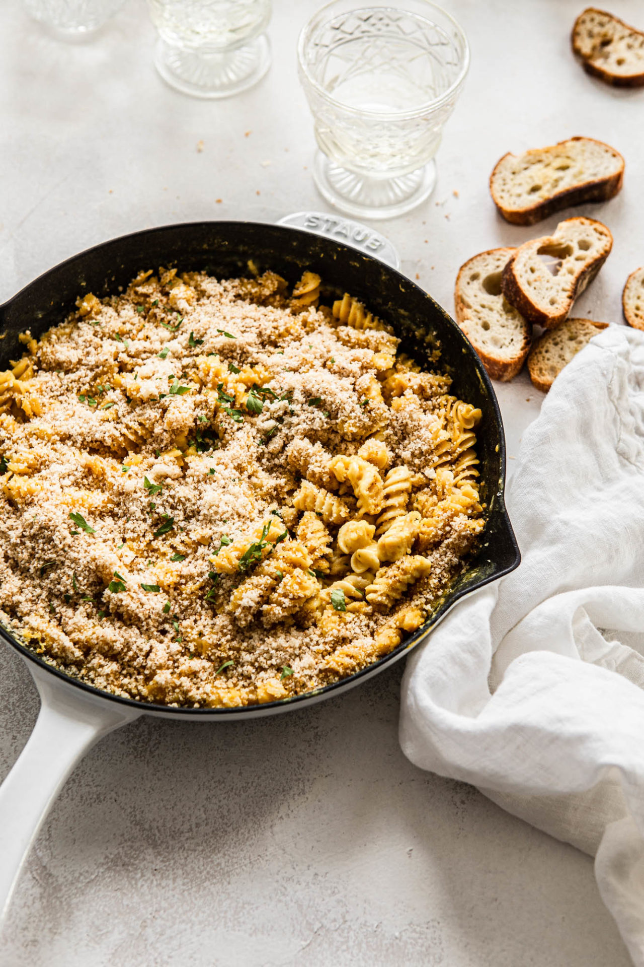 Goat Cheese Mac and Cheese in staub cast iron pan food photography