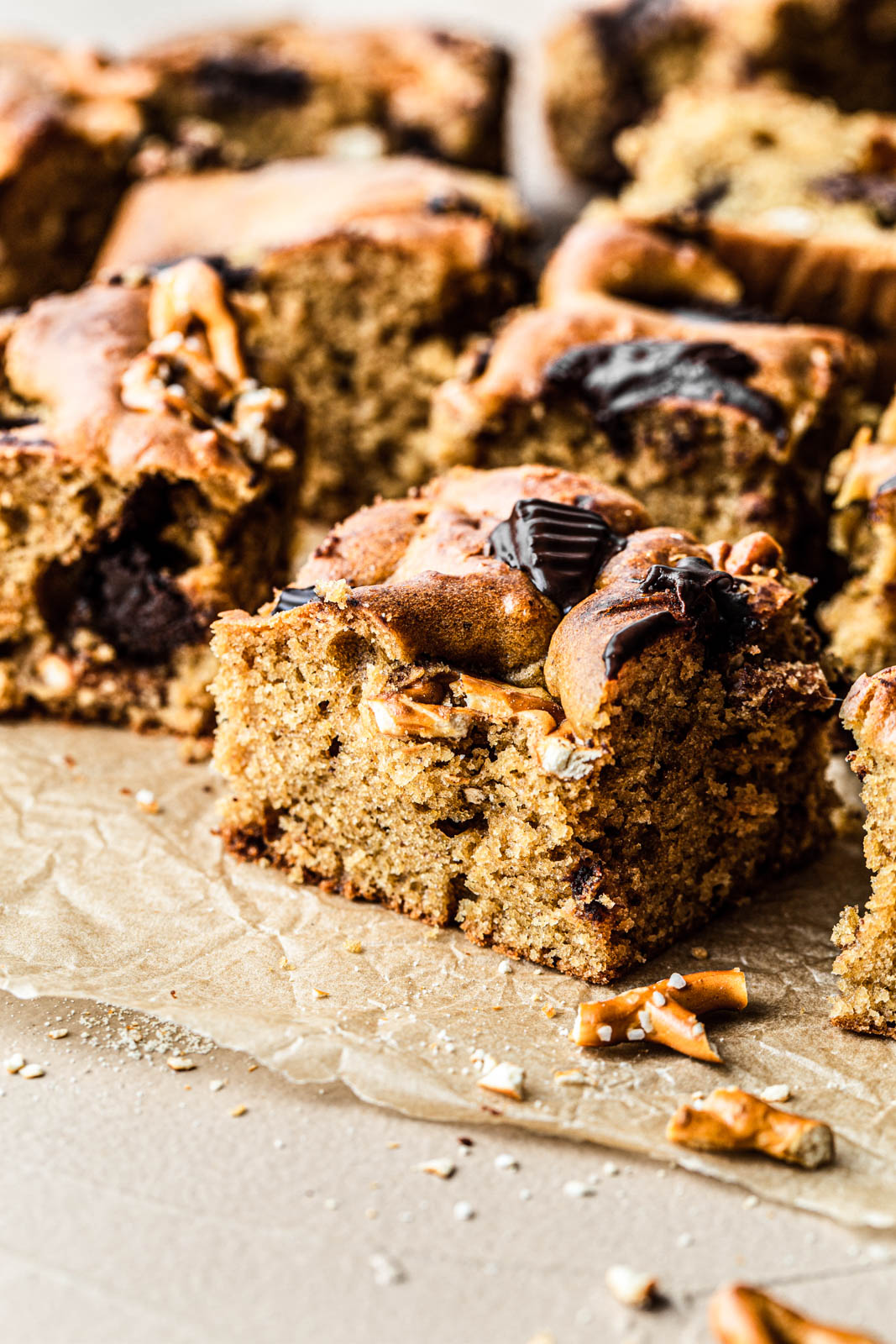 piece of sheet coffee cake food photography with pretzel crumbs