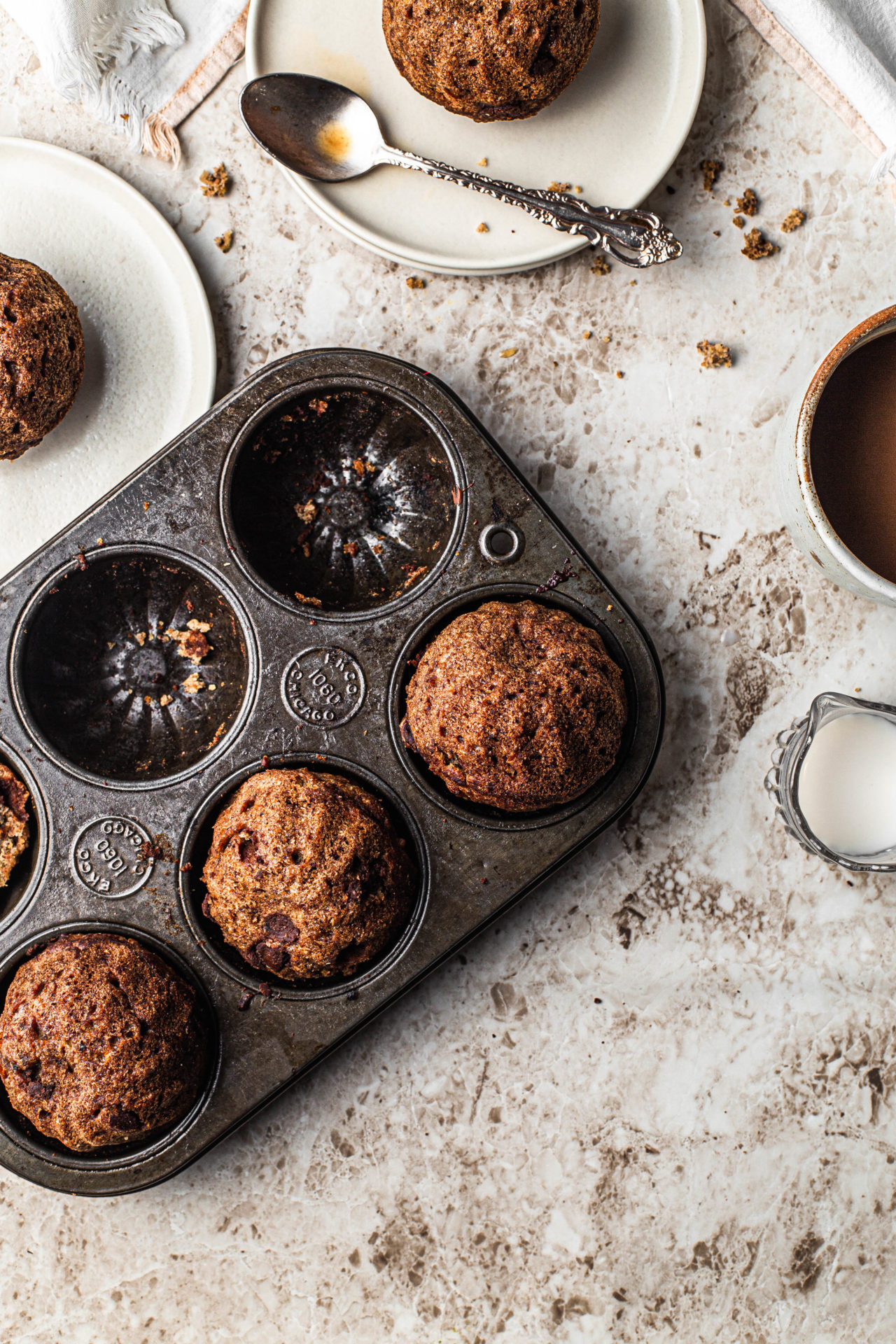 Vegan Banana Chocolate Chip Muffins cup of coffee food photography food styling
