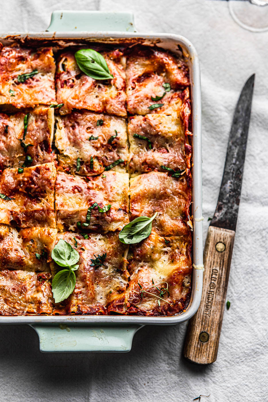 lasagna in a baking dish food photography