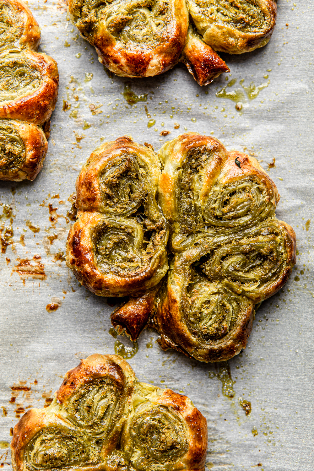 shamrocks made out of puff pastry and basil pesto