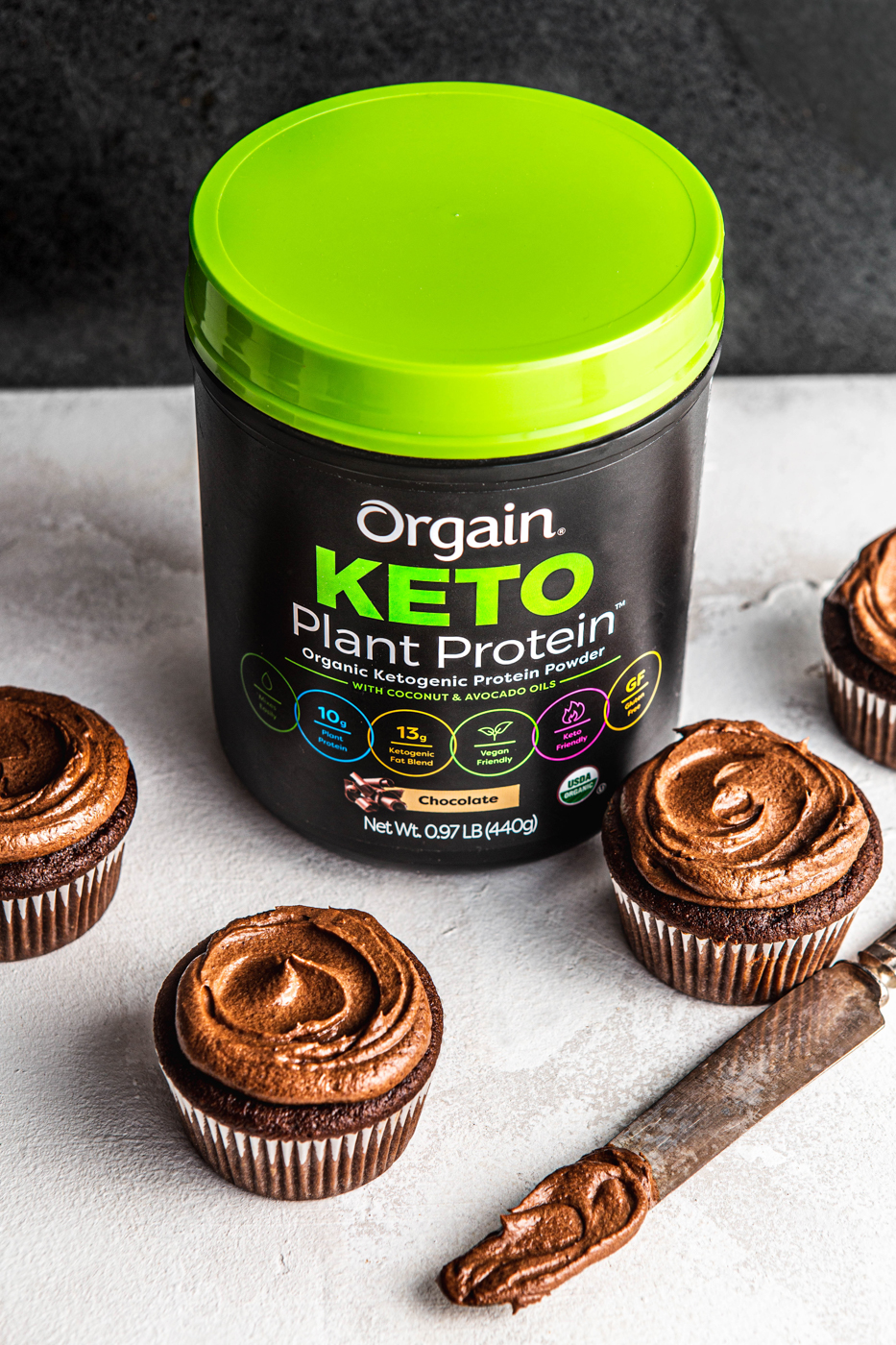 orgain keto plant based chocolate protein powder cupcakes with chocolate frosting 